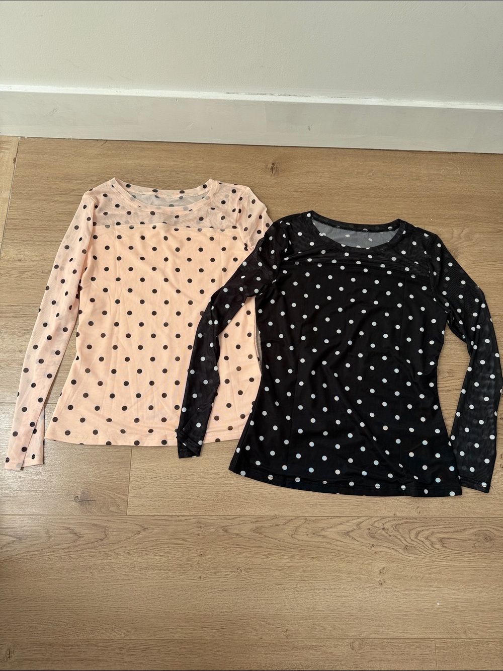 Long Sleeve Polka Dot Tops - Black & Light Pink